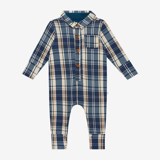 Boy's Long Sleeve Collared Henley Romper - Joseph (Plaid) Baby One-Pieces