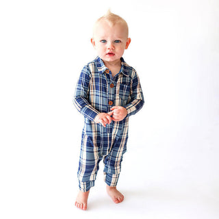 Boy's Long Sleeve Collared Henley Romper - Joseph (Plaid) Baby One-Pieces