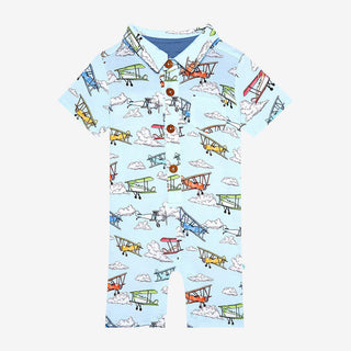 Boy's Short Sleeve Collared Henley Romper - Flyer (Biplanes) Baby One-Pieces