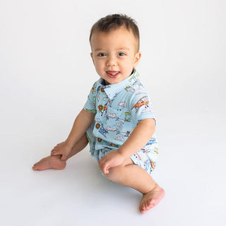 Boy's Short Sleeve Collared Henley Romper - Flyer (Biplanes) Baby One-Pieces