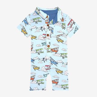 Boy's Short Sleeve Collared Henley Romper - Flyer (Biplanes) Baby One-Pieces