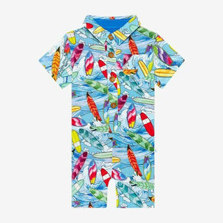 Boy's Short Sleeve Collared Henley Romper - Wave (Surfboards) Baby One-Pieces