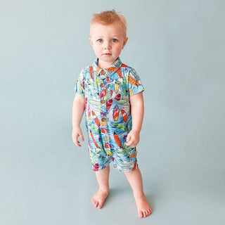 Boy's Short Sleeve Collared Henley Romper - Wave (Surfboards) Baby One-Pieces