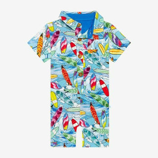 Boy's Short Sleeve Collared Henley Romper - Wave (Surfboards) Baby One-Pieces