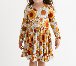 Girl's Bamboo Long Sleeve Ruffled Twirl Dress - Goldie (Floral) Baby & Toddler Dresses