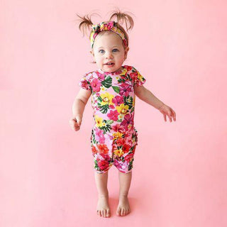 Girl's Basic Ruffled Cap Sleeve Short Length Romper - Malana (Hibiscus) Baby One-Pieces