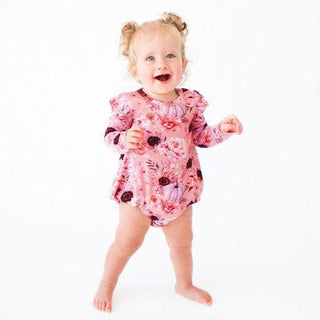 Girl's Long Sleeve Ruffled Bubble Romper - Liliana (Pumpkins & Floral) Baby One-Pieces