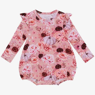 Girl's Long Sleeve Ruffled Bubble Romper - Liliana (Pumpkins & Floral) Baby One-Pieces