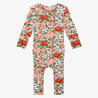 Girl's Bamboo Long Sleeve Ruffled Henley Romper - Alma (Floral) Baby One-Pieces