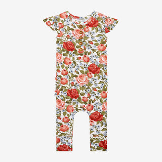 Girl's Bamboo Ruffled Cap Sleeve Henley Romper - Alma (Floral) Baby One-Pieces