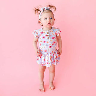 Girl's Bamboo Ruffled Cap Sleeve Henley Twirl Skirt Bodysuit - Carissa (Floral) Baby One-Pieces