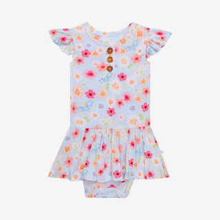 Girl's Bamboo Ruffled Cap Sleeve Henley Twirl Skirt Bodysuit - Carissa (Floral) Baby One-Pieces