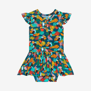 Girl's Bamboo Ruffled Cap Sleeve Henley Twirl Skirt Bodysuit - Rio (Toucans) Baby One-Pieces