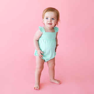 Girl's Solid Basic Ruffled Cap Sleeve Bubble Romper - Sea Glass Baby One-Pieces