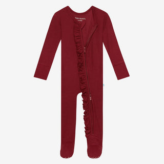 Girl's Solid Ruffle Footie with Zipper - Maroon Waffle Baby & Toddler Sleepwear