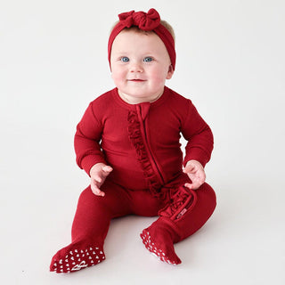 Girl's Solid Ruffle Footie with Zipper - Maroon Waffle Baby & Toddler Sleepwear