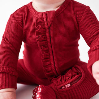 Girl's Solid Ruffle Footie with Zipper - Maroon Waffle Baby & Toddler Sleepwear