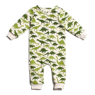 Long Sleeve French Terry Jumpsuit - Green Dinosaurs Baby One-Pieces